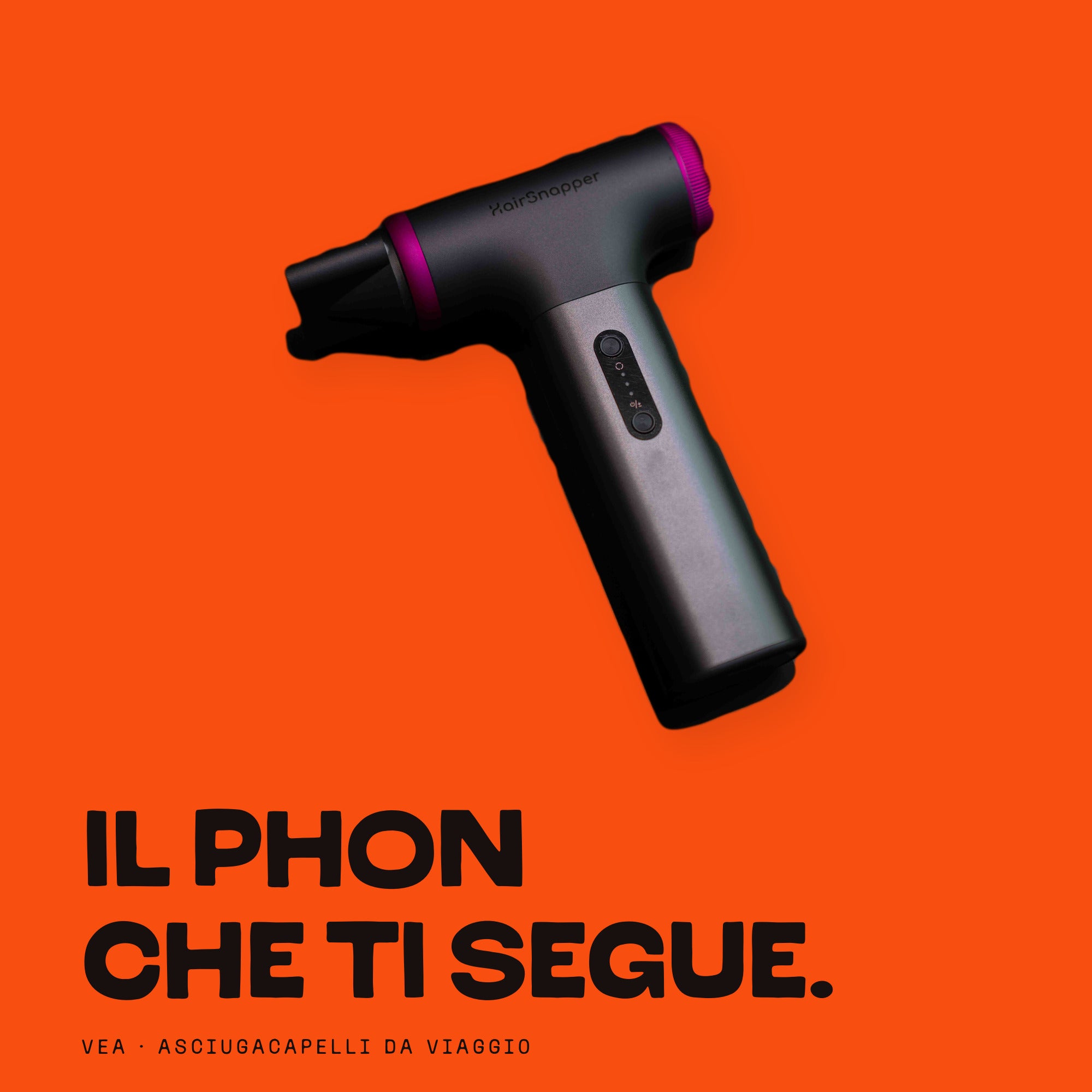 HairSnapper Vea grigio su fondo arancio, asciugacapelli da viaggio senza filo