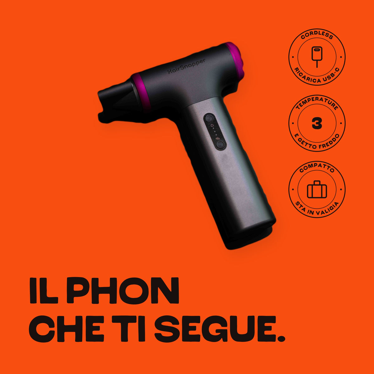 HairSnapper Vea grigio su fondo arancio, asciugacapelli da viaggio senza filo