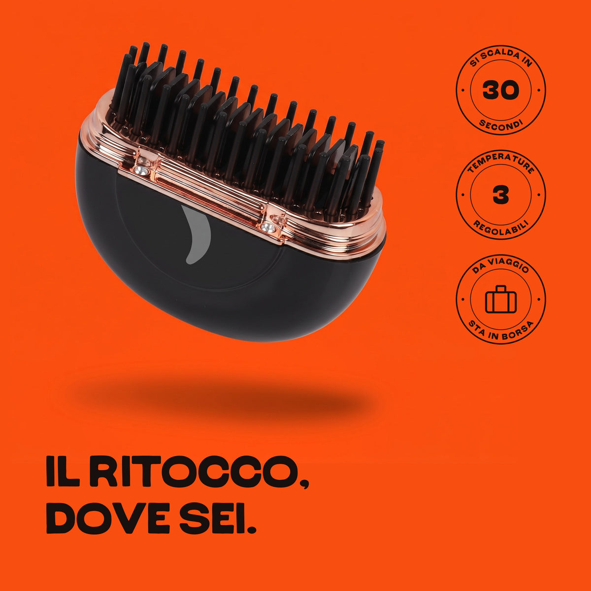 HairSnapper Brush Midnight Gold sospesa su fondo arancio: il ritocco, dove sei
