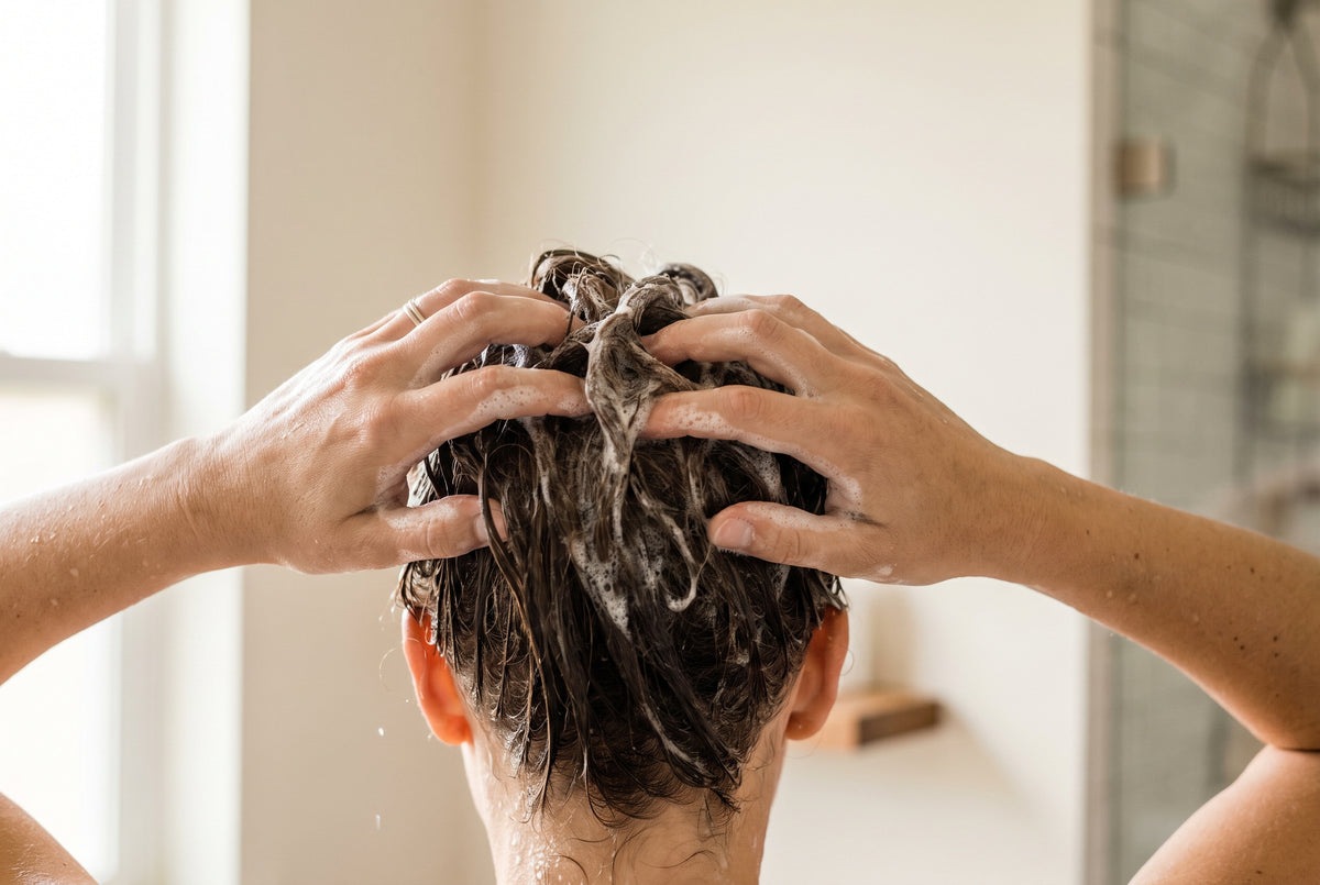 Due mani massaggiano lo shampoo sul cuoio capelluto, sotto la doccia